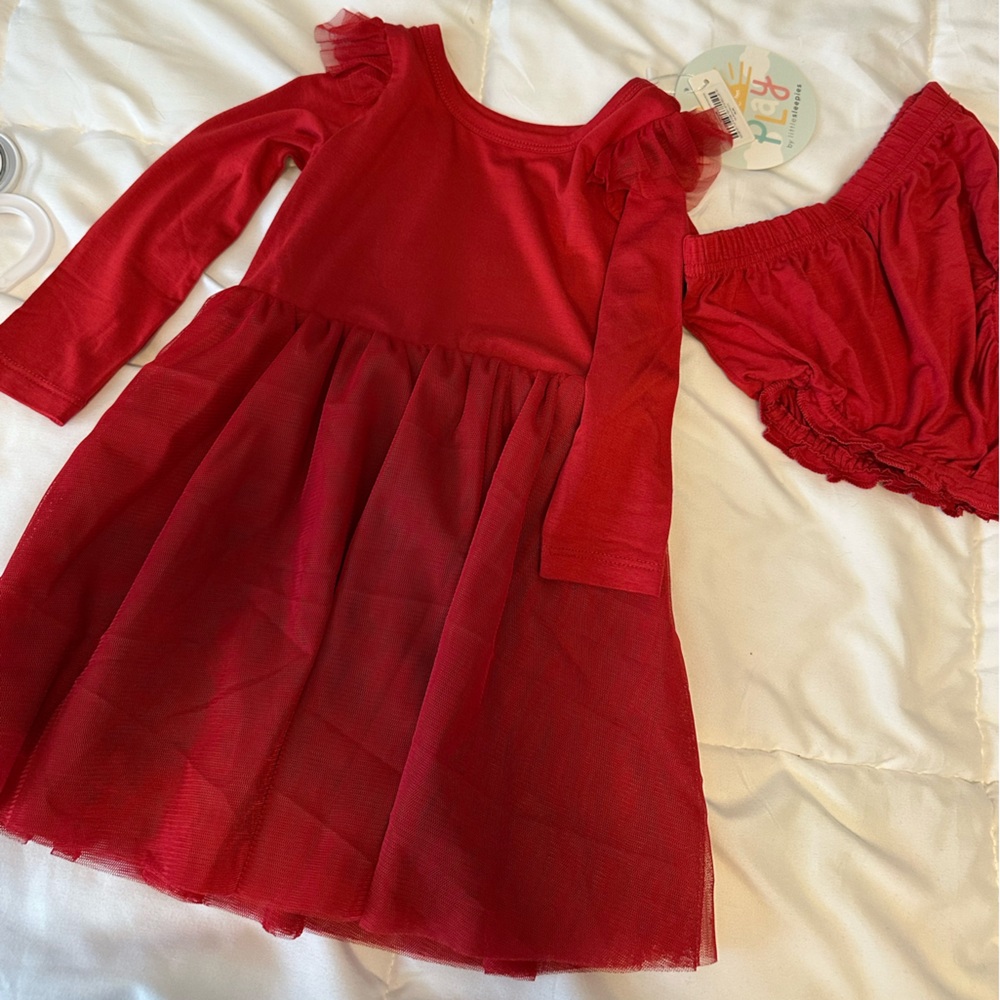 Little Sleepies Red Dress with flutter sleeves, tulle, & bloomers, brand NWT